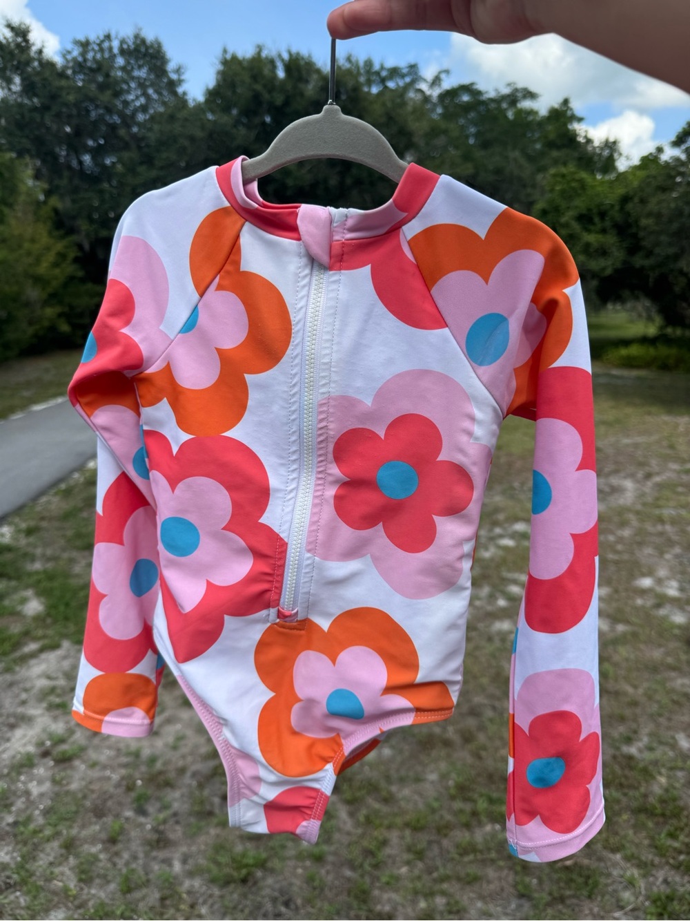 Kids Floral Long-Sleeve Zip Front Swimsuit - Pink & Orange